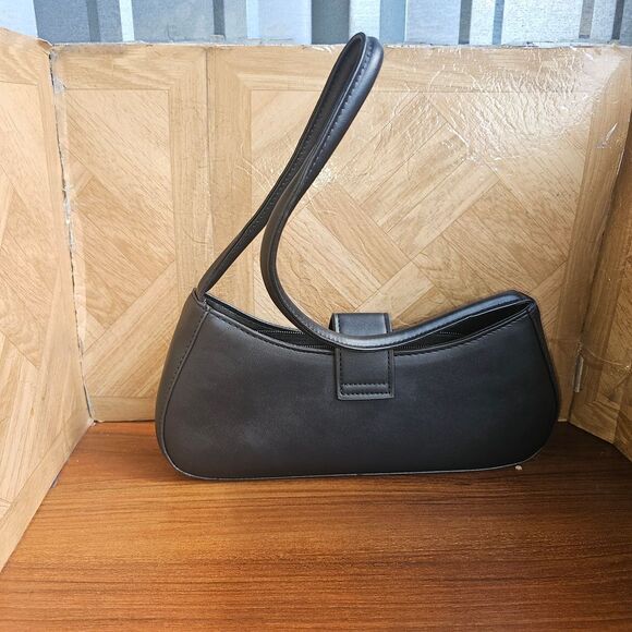 Brand New Black Clutch with Modern Buckle and Crescent Shape - Picture 2 of 4